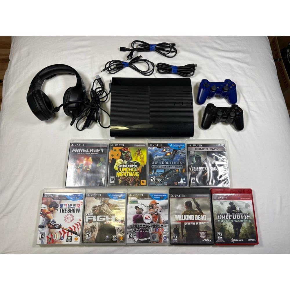 Sony PlayStation 3 PS3 Super Slim 500GB CECH-4301C Bundle 2 Controllers 9 Games